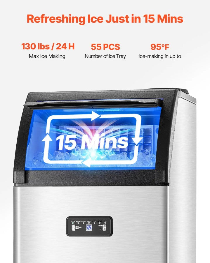 Vevor Commercial Ice Maker 130 Lbs/24H Freestanding Machine with 33 Lbs Storage New