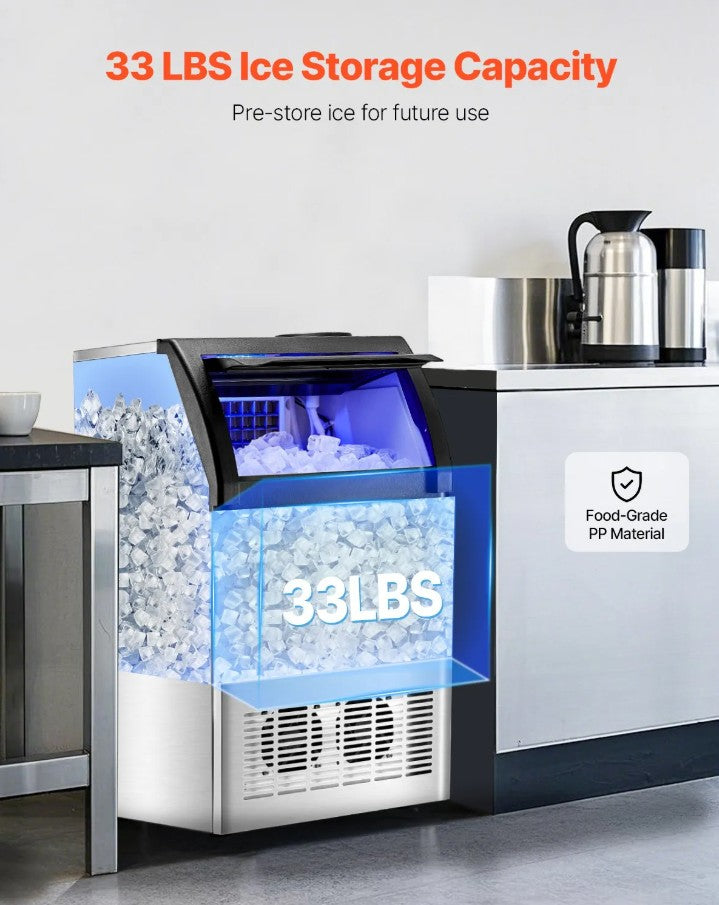 Vevor Commercial Ice Maker 130 Lbs/24H Freestanding Machine with 33 Lbs Storage New