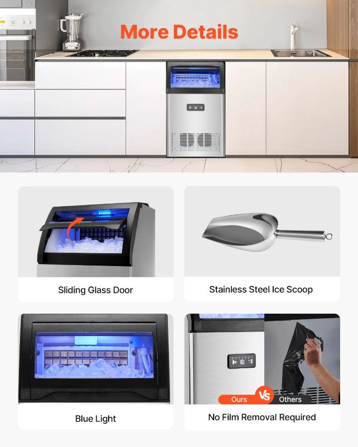 Vevor Commercial Ice Maker 130 Lbs/24H Freestanding Machine with 33 Lbs Storage New