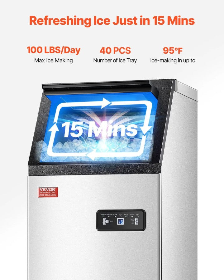 Vevor Commercial Ice Maker 100 Lbs/24H 36 Cubes Freestanding with Self-Cleaning New
