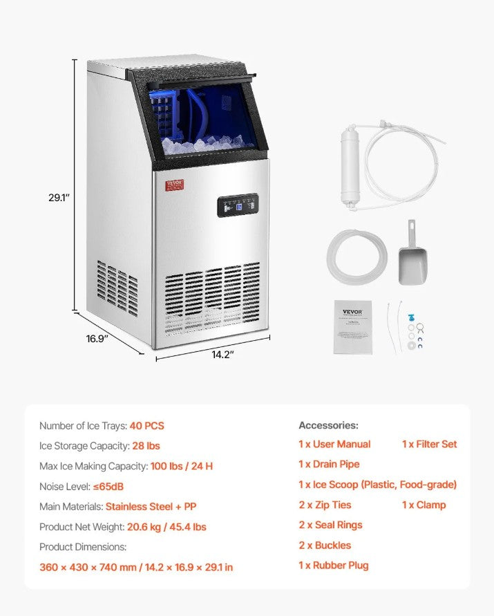 Vevor Commercial Ice Maker 100 Lbs/24H 36 Cubes Freestanding with Self-Cleaning New