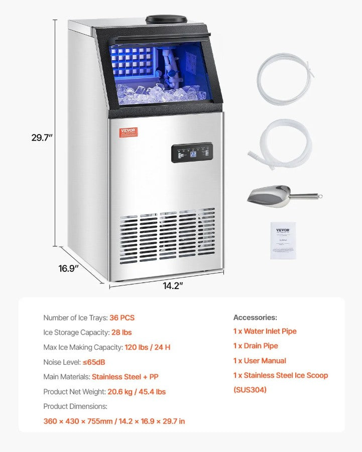 Vevor Commercial Ice Maker 120 Lb/24H Freestanding with 36-Cube Tray and 28 Lb Storage New