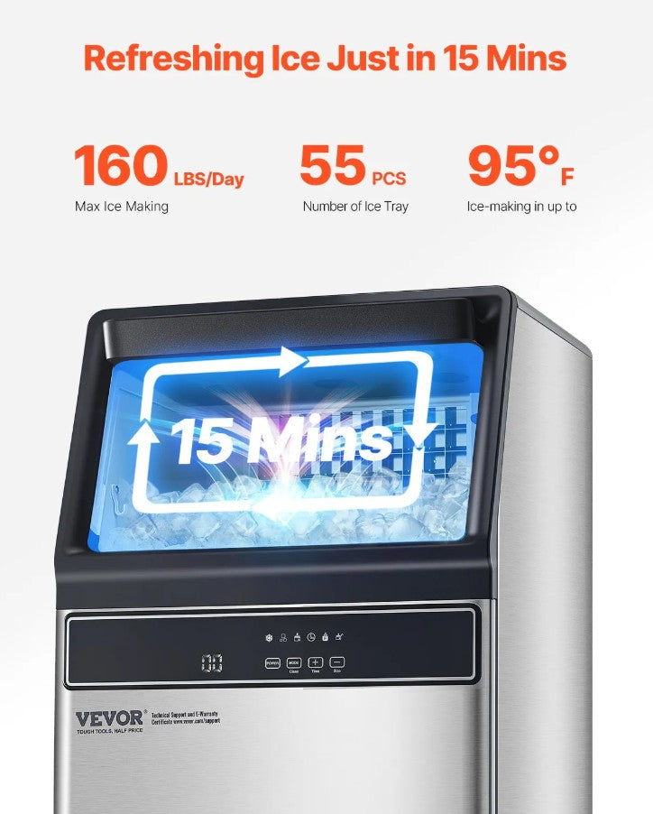 Vevor Commercial Ice Maker 160 Lbs/24H 55 Cubes Freestanding with Self-Cleaning New
