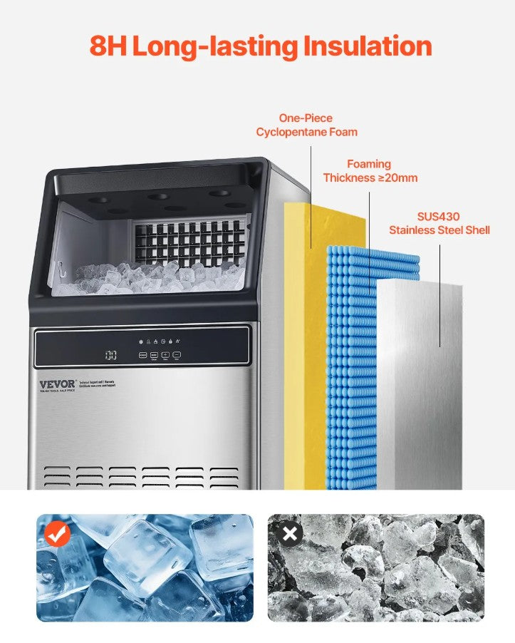 Vevor Commercial Ice Maker 160 Lbs/24H 55 Cubes Freestanding with Self-Cleaning New