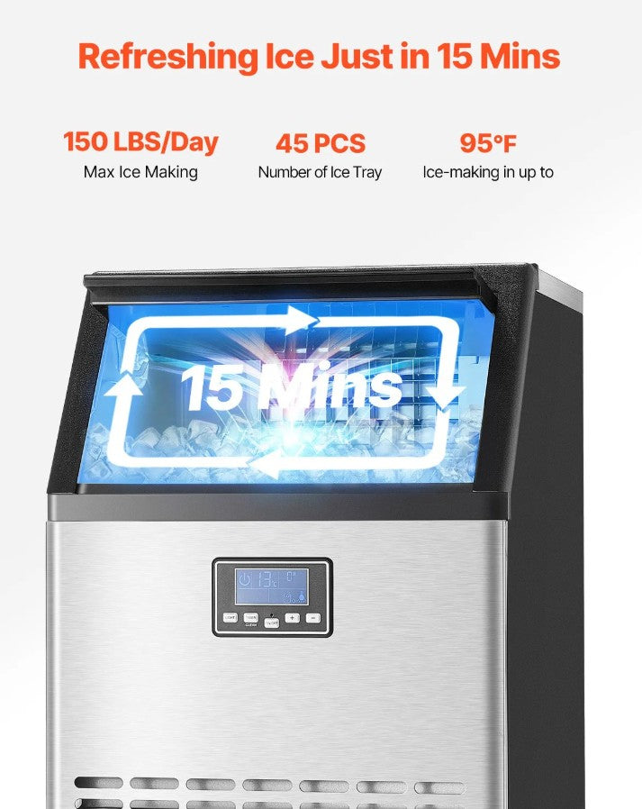 Vevor Commercial Ice Maker 150 Lbs/Day 33 Lbs Storage Dual Water Inlet and Self-Cleaning New