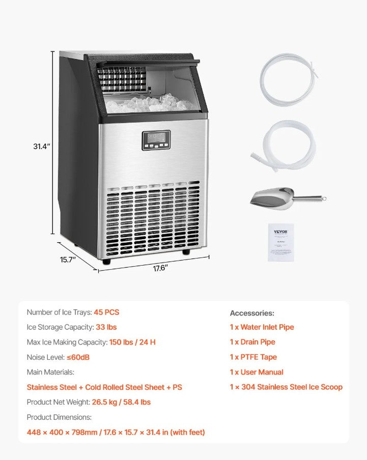 Vevor Commercial Ice Maker 150 Lbs/Day 33 Lbs Storage Dual Water Inlet and Self-Cleaning New