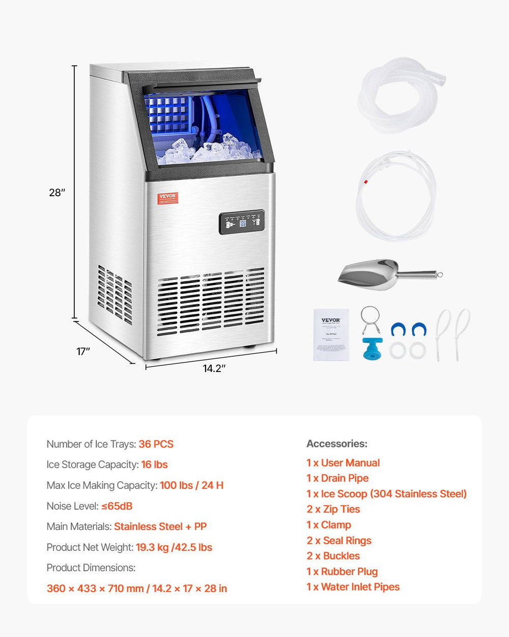 Vevor Commercial Ice Maker 100 Lbs/24 Hr Stainless Steel 16 Lb Storage New