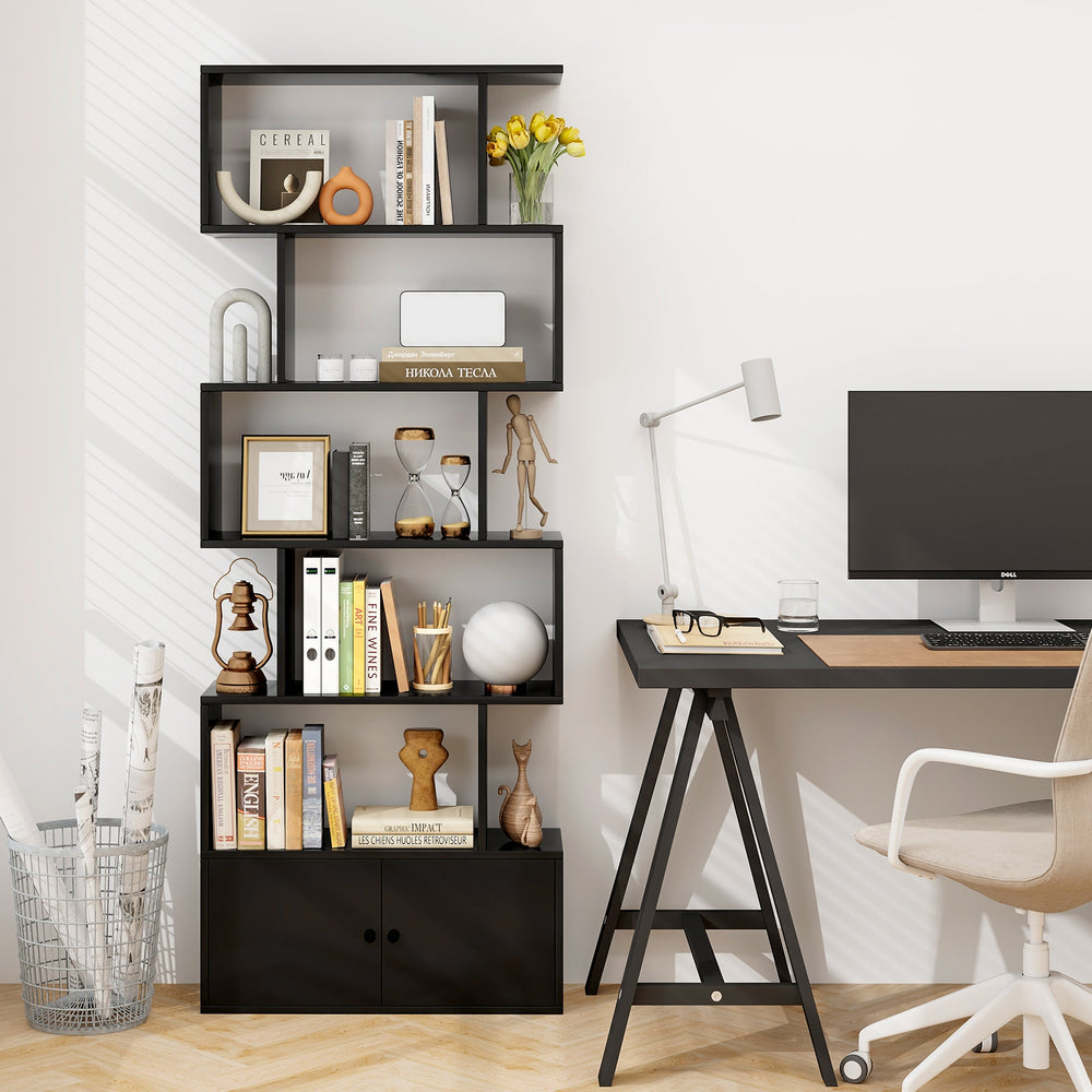 6-Tier S-Shaped Freestanding Bookshelf with Cabinet and Doors-Black - Gallery View 1 of 10