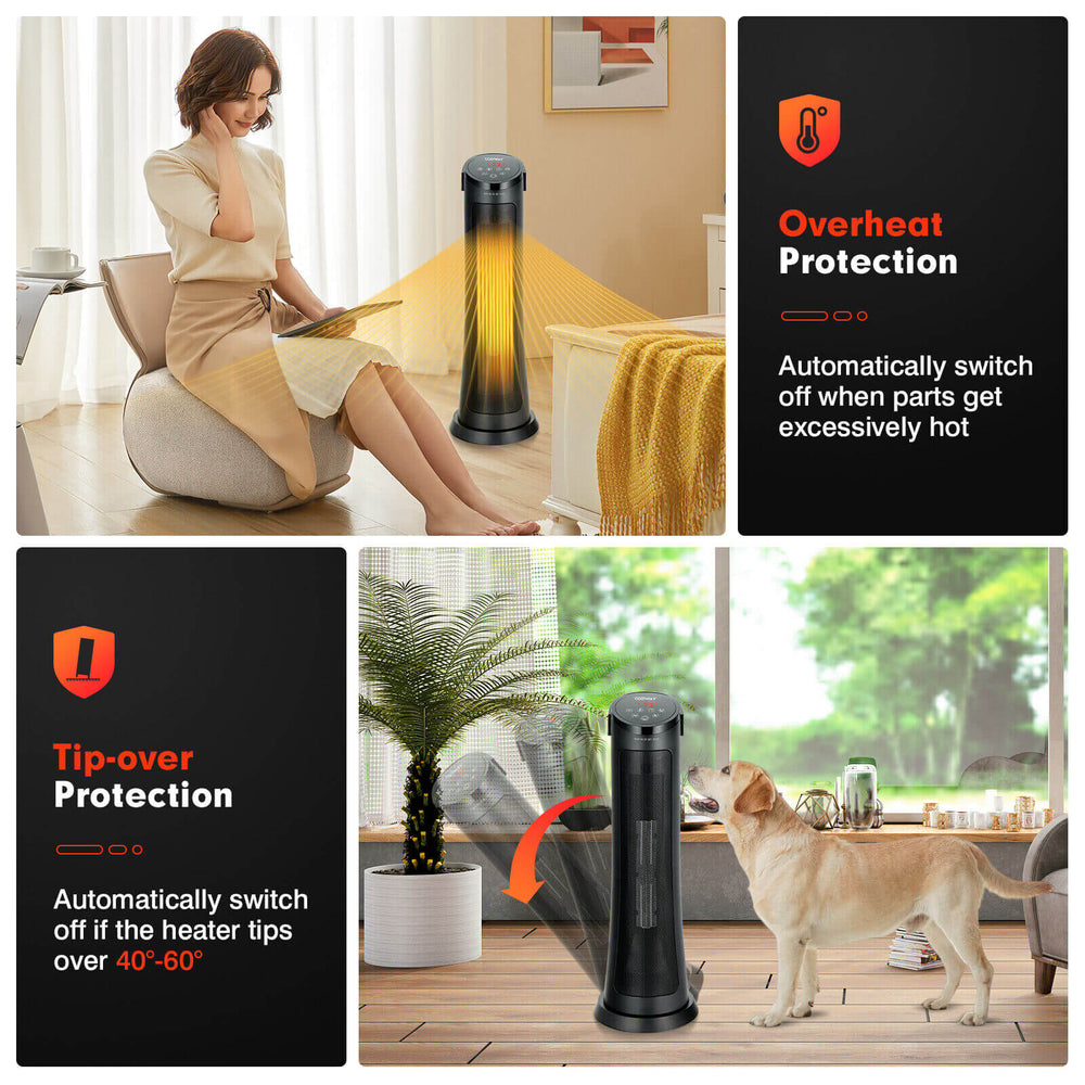 1500W PTC fast heating space heater with remote control, featuring tip-over protection and 60° oscillation for cozy.