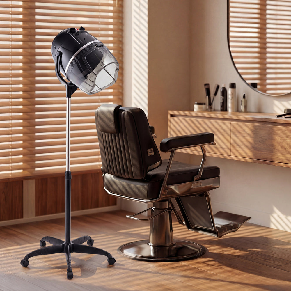 Salon standing hair dryer bonnet with swivel hood, adjustable temperature, and rolling base for easy maneuverability.