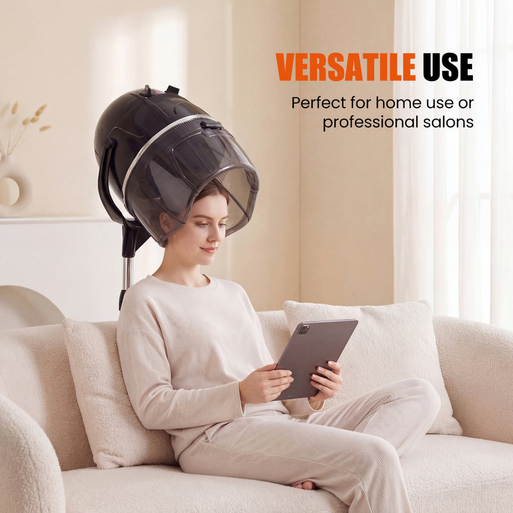 Salon standing hair dryer bonnet with swivel hood, adjustable temperature, perfect for home use or professional salons.
