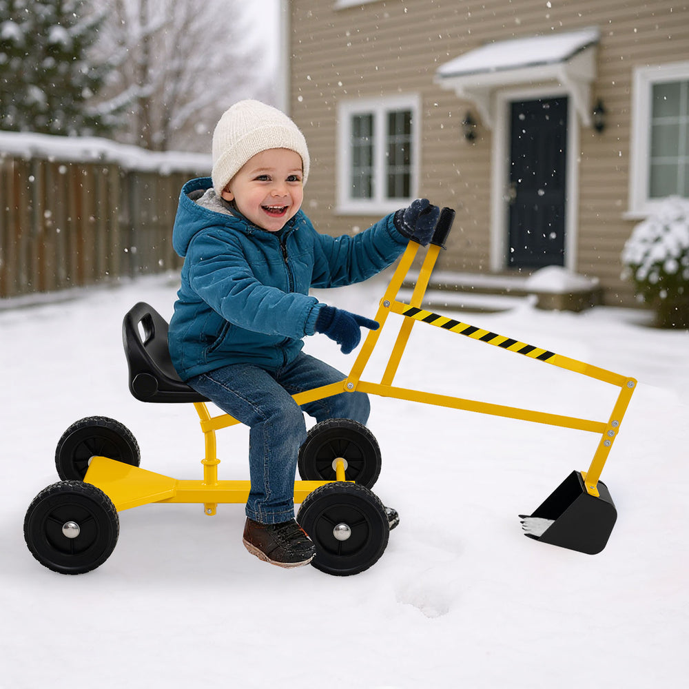 Yellow sand digger for kids with 2-handed controls, adjustable arms, and flexible shovel, perfect for all-season.