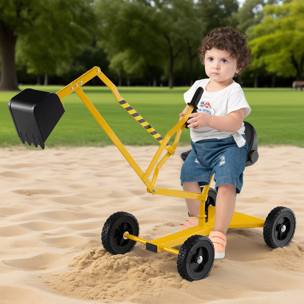 Yellow sand digger for kids with adjustable arms and flexible shovel, perfect for sandbox fun and skill development.
