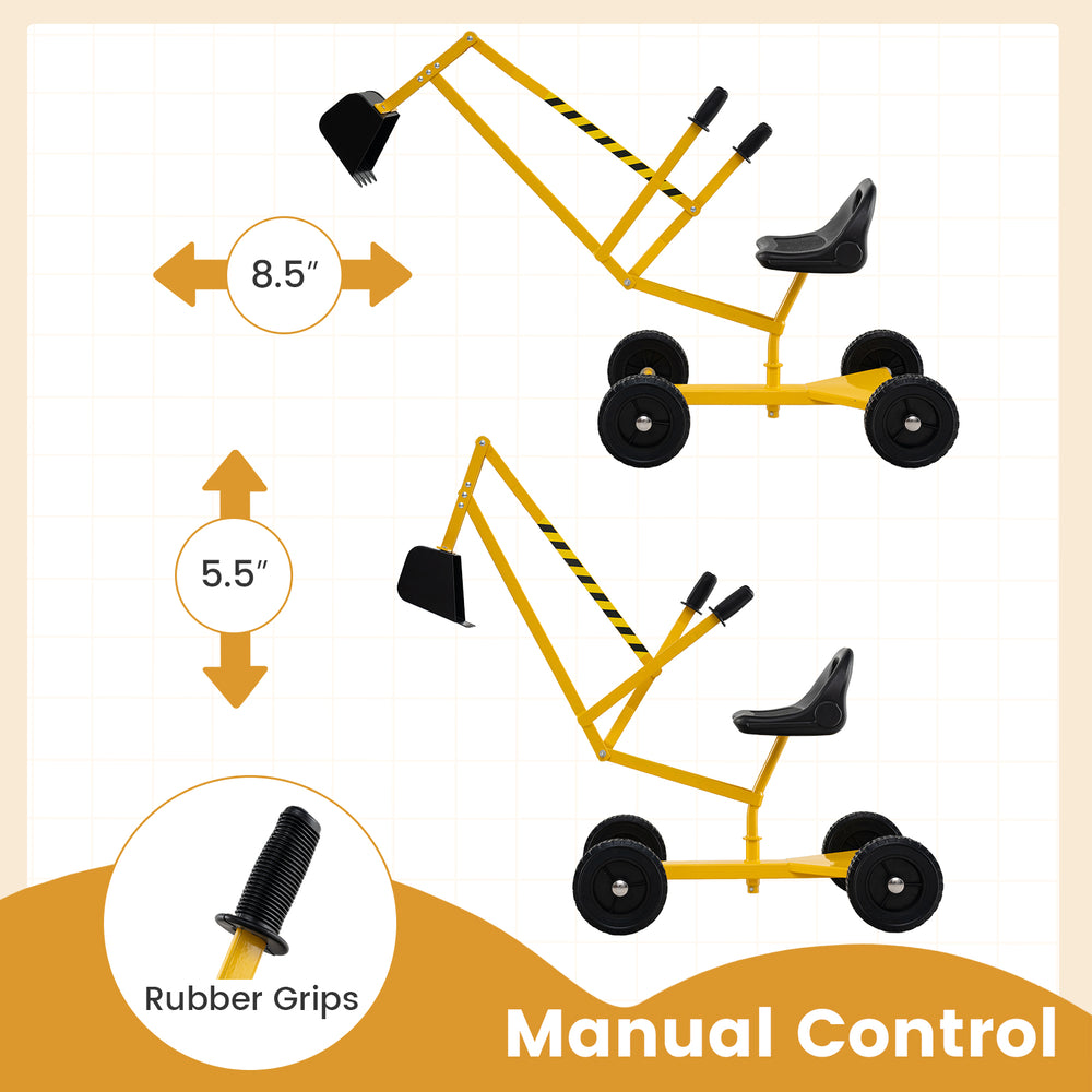 Manual control sand digger for kids in yellow, featuring rubber grips, adjustable height, and flexible shovel for easy.