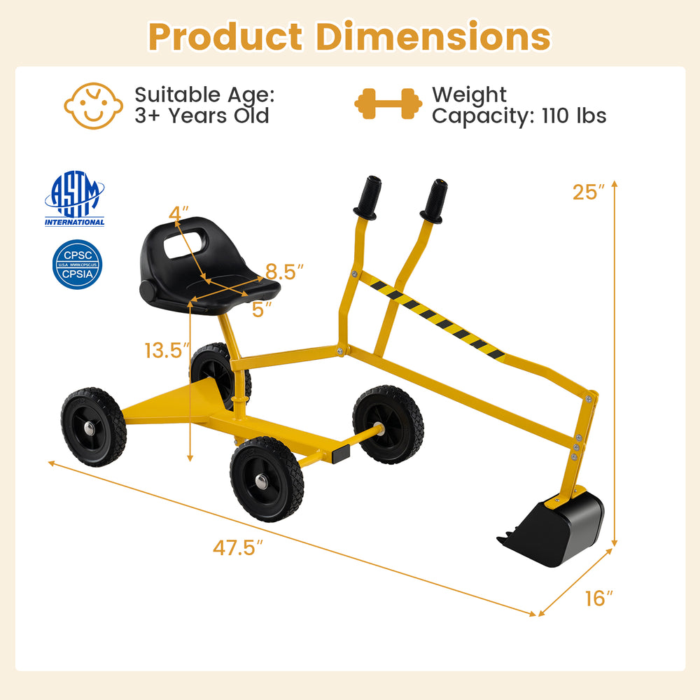 Yellow sand digger for kids with adjustable arms, flexible shovel, and 360-degree swivel for sandbox fun.