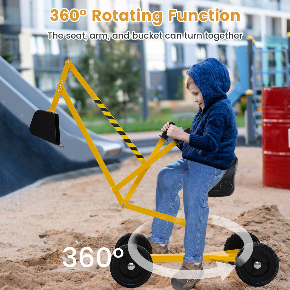 Yellow sand digger for kids with 360° rotating function, adjustable arms, and flexible shovel for sandbox fun.