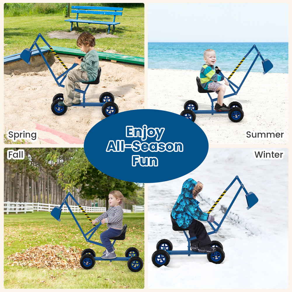 Blue sand digger for kids with 2-handed controls, adjustable arms, and 360-degree swivel for all-season outdoor fun.