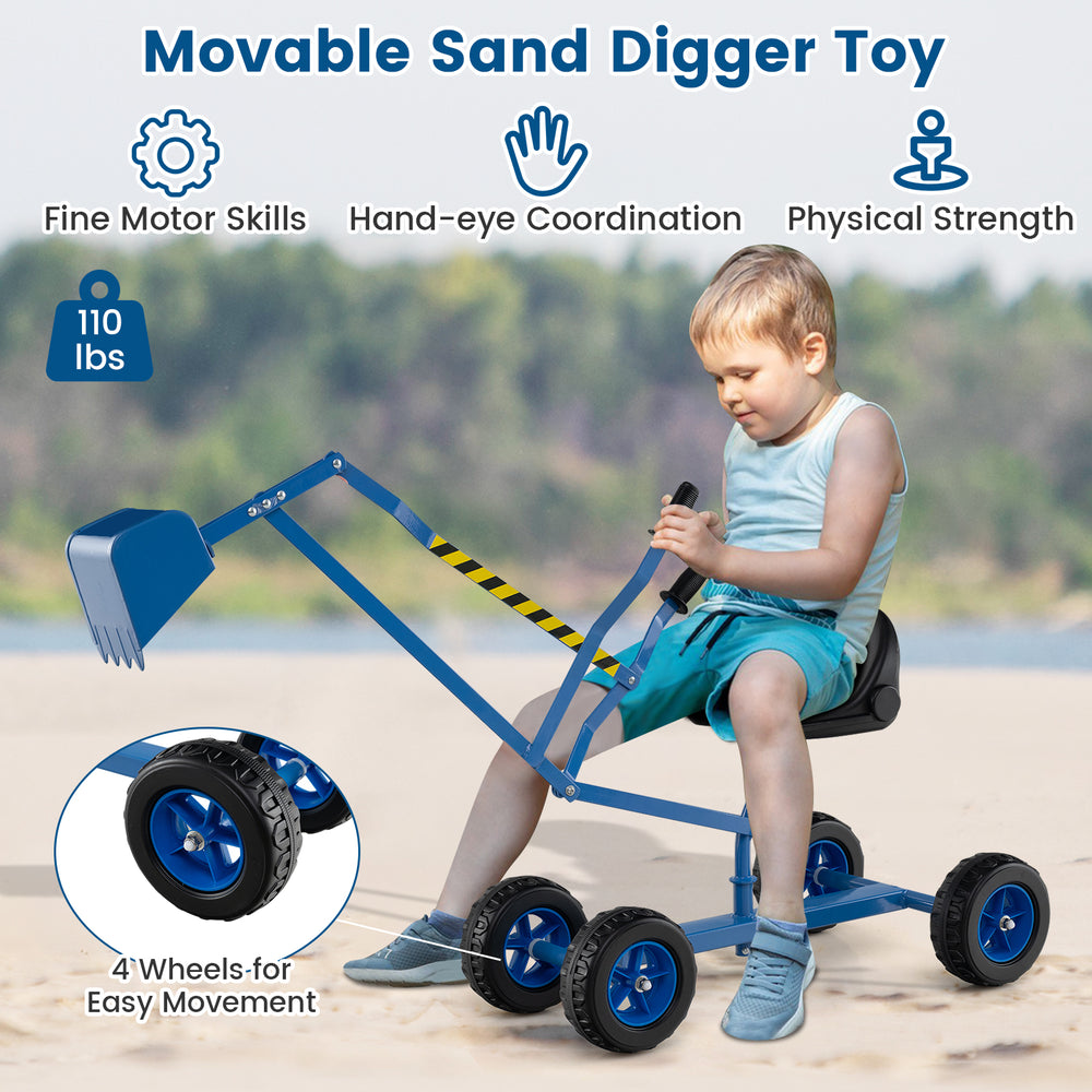 Movable sand digger toy for kids in blue, featuring 2-handed controls, adjustable arms, and 4 wheels for easy movement.