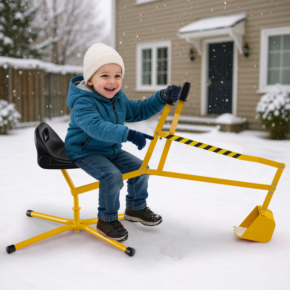 Yellow sand digger for kids with adjustable arms and flexible shovel, perfect for all-season outdoor fun.