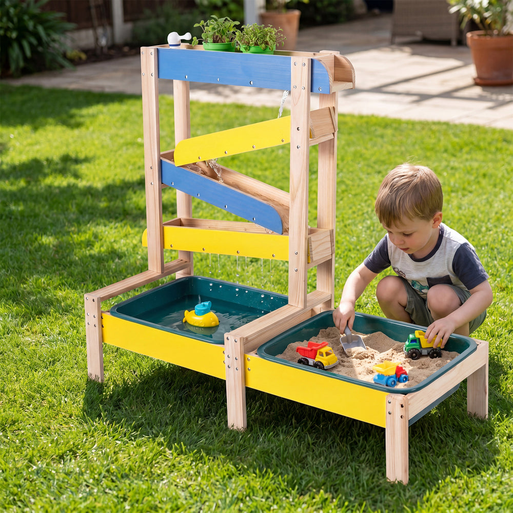 Montessori sand and water table for toddlers with fir wood frame, two basins, plant pots, and toys for outdoor play.