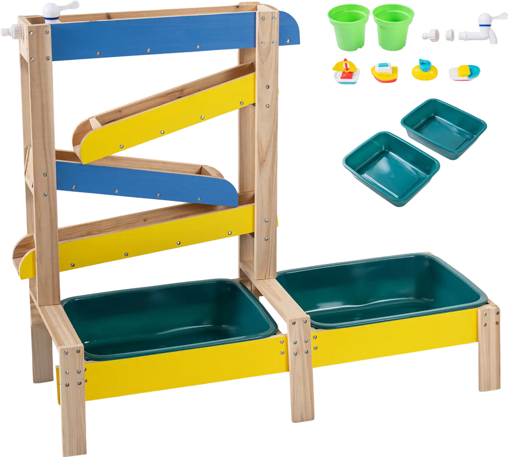 Montessori sand and water table with fir wood frame, two basins, plant pots, and toys for outdoor sensory play.