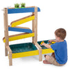 Montessori sensory play table with fir wood frame, two water basins, and toys for outdoor fun, suitable for toddlers 3+.