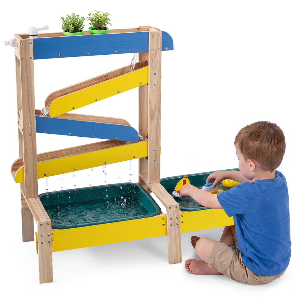 Montessori sensory play table with fir wood frame, two water basins, and toys for outdoor fun, suitable for toddlers 3+.