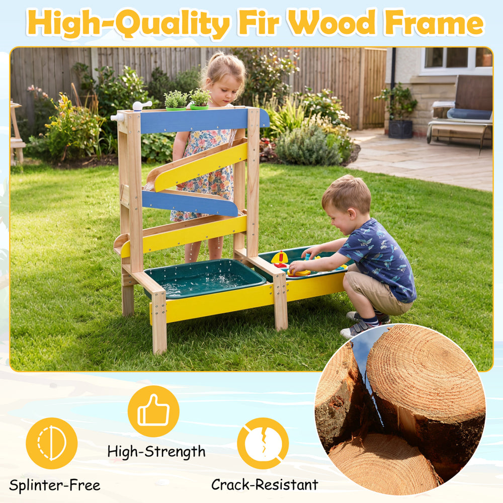 Sand and water table for toddlers with fir wood frame, featuring two basins and toys for outdoor sensory play.