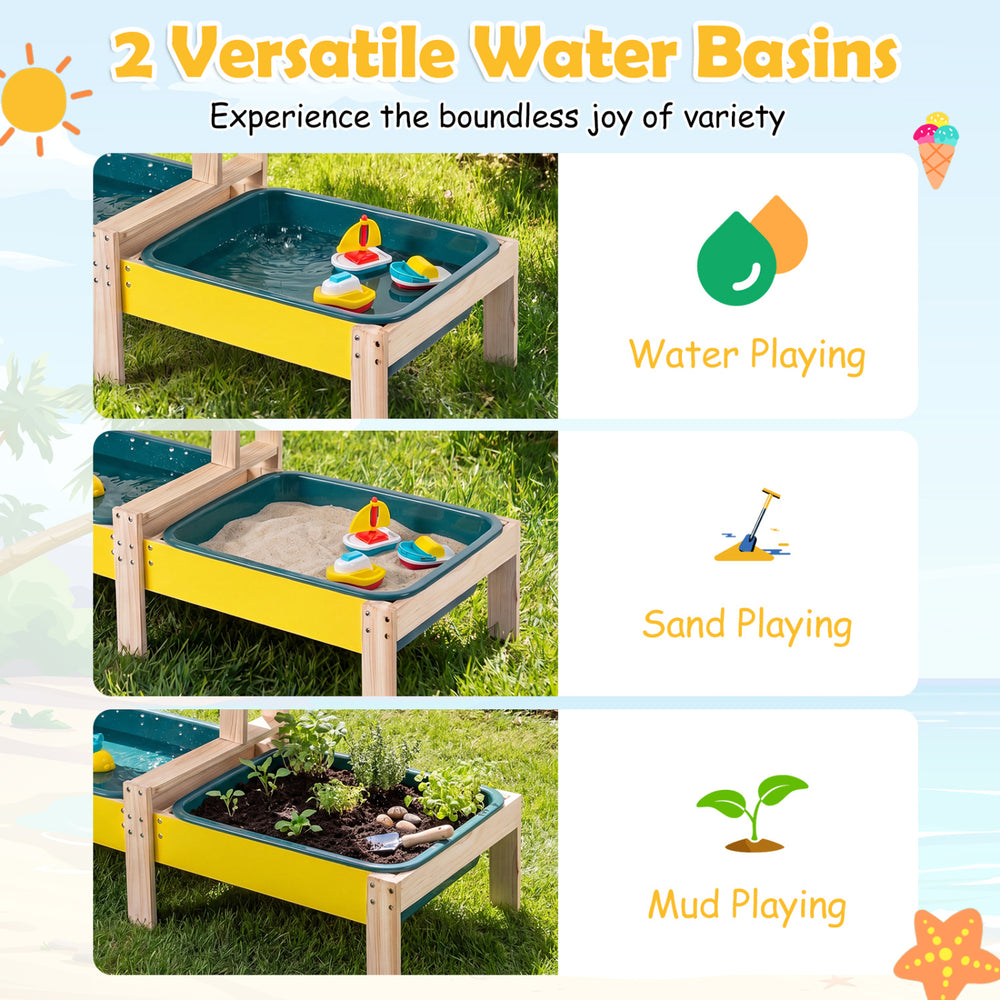 Sand and water table for toddlers featuring two basins, plant pots, and toys for outdoor sensory play and creativity.