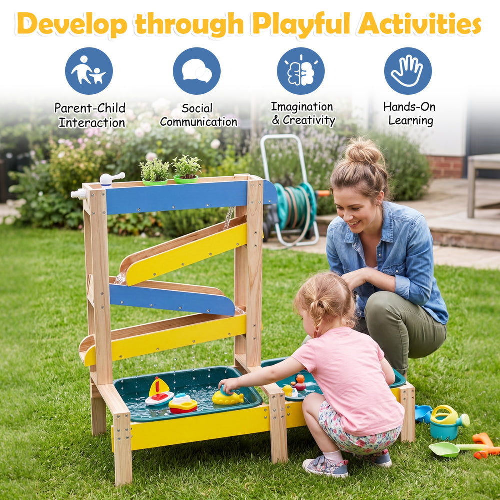 Montessori sensory play activity table with fir wood, featuring 2 water basins and colorful toys for outdoor fun.