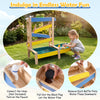 Sand and water table for toddlers featuring fir wood, two basins, and toys for outdoor sensory play and creativity.