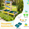 Sand and water table for toddlers with fir wood frame, two basins, plant pots, and sailboat toys for outdoor play.