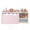 Scalloped kids bookshelf and toy storage organizer in pink with open shelf and movable toy box for playroom.