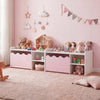 Scalloped kids toy storage organizer with pink design, featuring rounded corners and wheels for easy mobility in.
