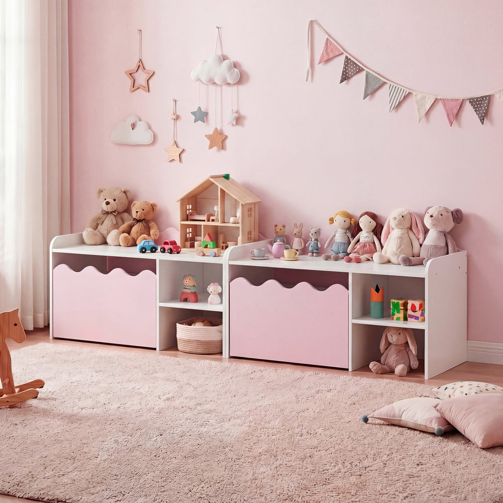 Scalloped kids toy storage organizer with pink design, featuring rounded corners and wheels for easy mobility in.