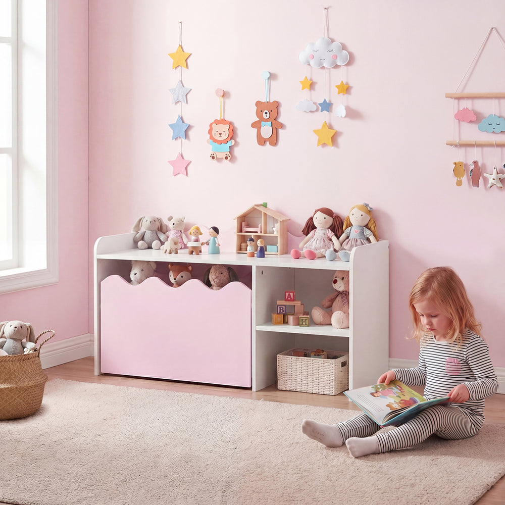 Scalloped pink kids bookshelf and toy storage organizer with open shelf and movable toy box for playroom organization.