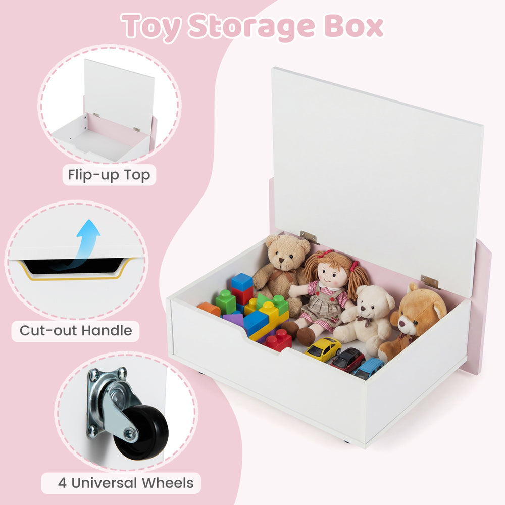 Toy storage box with flip-up top, cut-out handle, and 4 wheels, perfect for kids' room organization in pink.