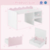 Scalloped kids bookshelf and toy storage organizer with open shelf and movable toy box, ideal for playroom use.