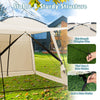 Close-up of the 10 x 10 feet beige screened canopy tent showcasing high-strength fiberglass poles and secure wind ropes.
