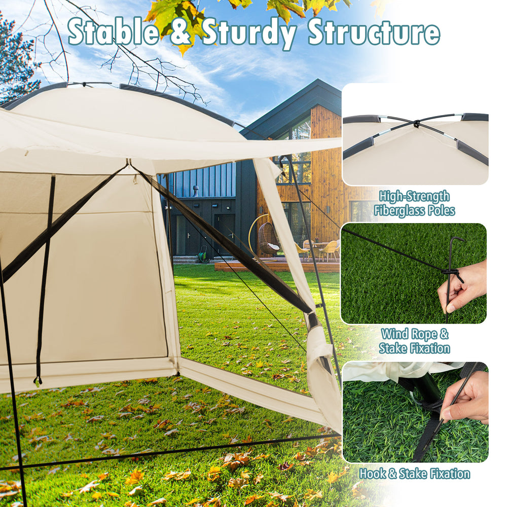 Close-up of the 10 x 10 feet beige screened canopy tent showcasing high-strength fiberglass poles and secure wind ropes.