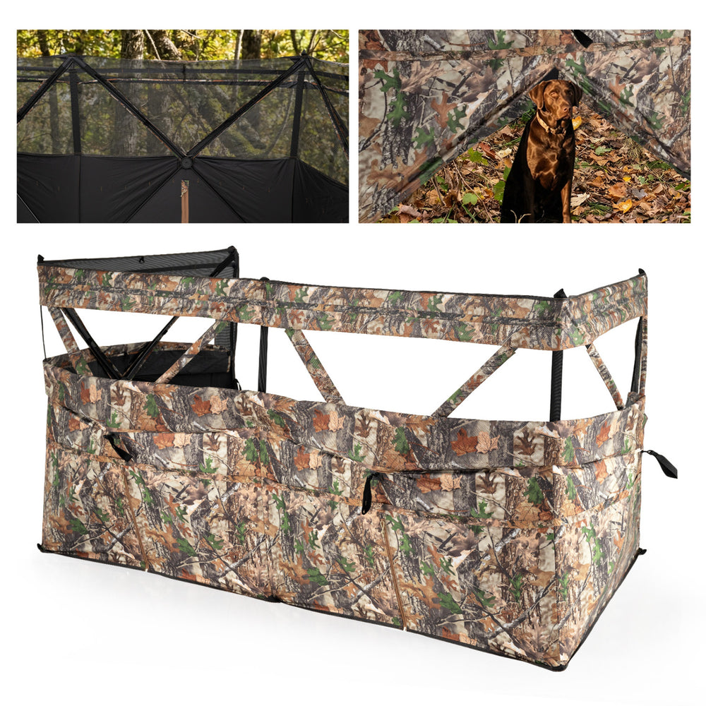 See-through hunting blind panel with camouflage pattern, adjustable windows, and dog doors for 1-3 people in outdoor.