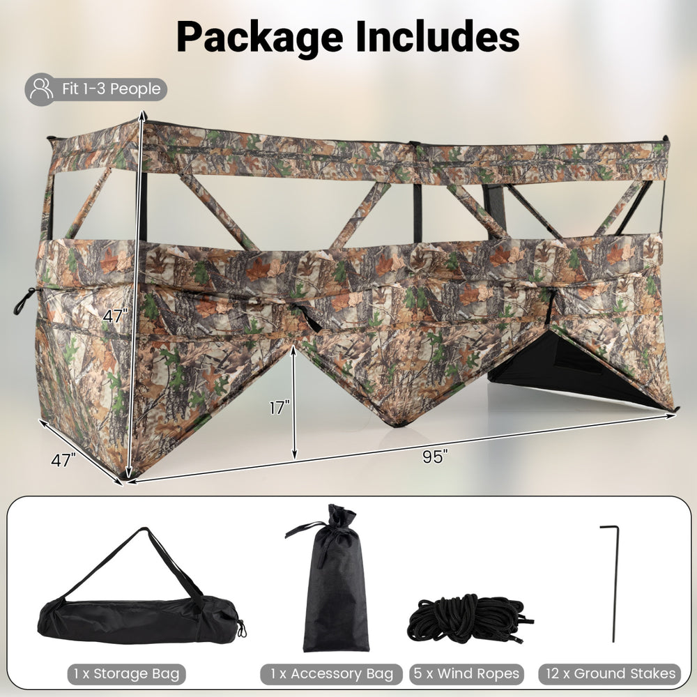 Pop-up camouflage hunting blind panel for 1-3 people with adjustable windows and dog doors, includes storage bag.