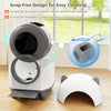 Self-cleaning litter box with snap-free design for easy cleaning, suitable for multi-cat households and senior cats.