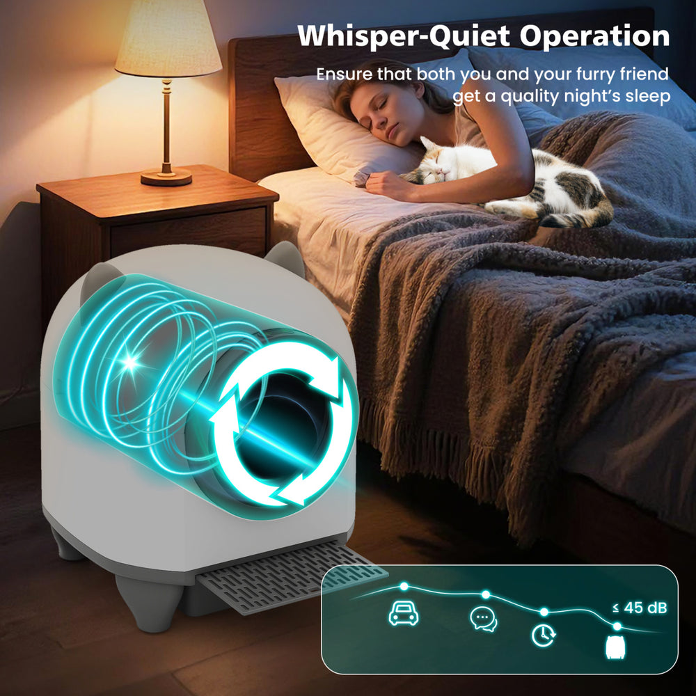 Self-cleaning litter box with whisper-quiet operation, designed for multi-cat households, ensuring a clean and fresh.
