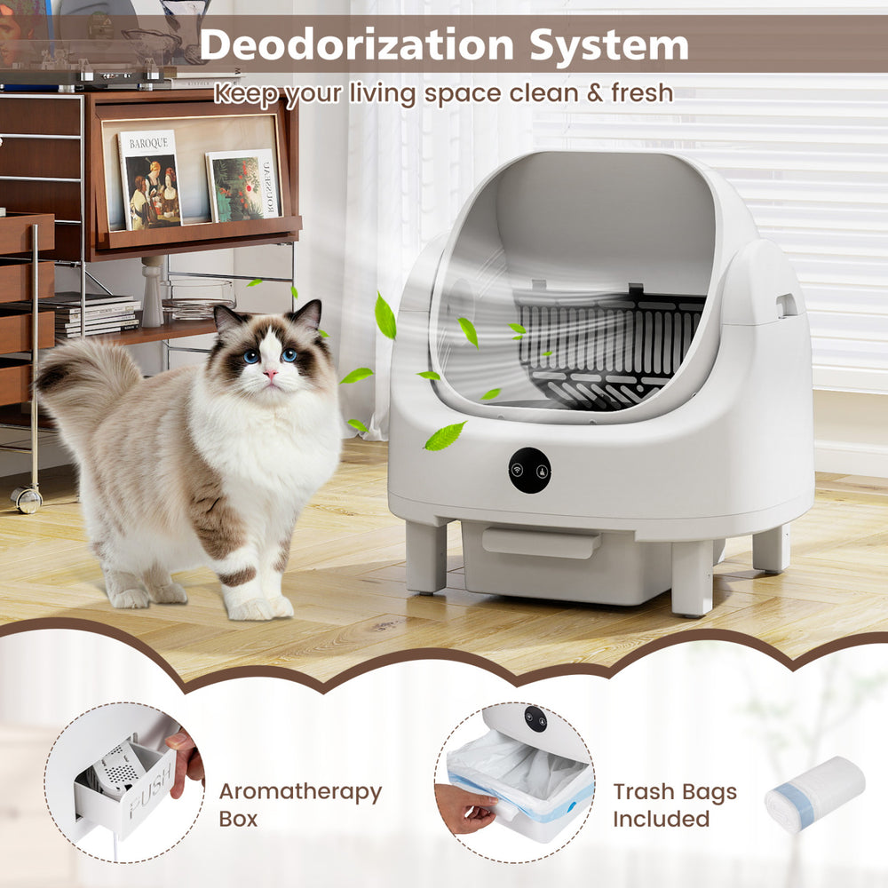 Self-cleaning open-top cat litter box with deodorization system and APP control for multi-cat households.
