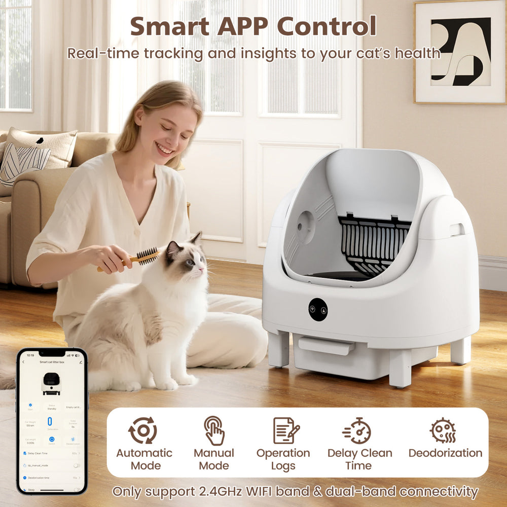 Self-cleaning open-top cat litter box with APP control, featuring an 8L waste bin and deodorization system for.
