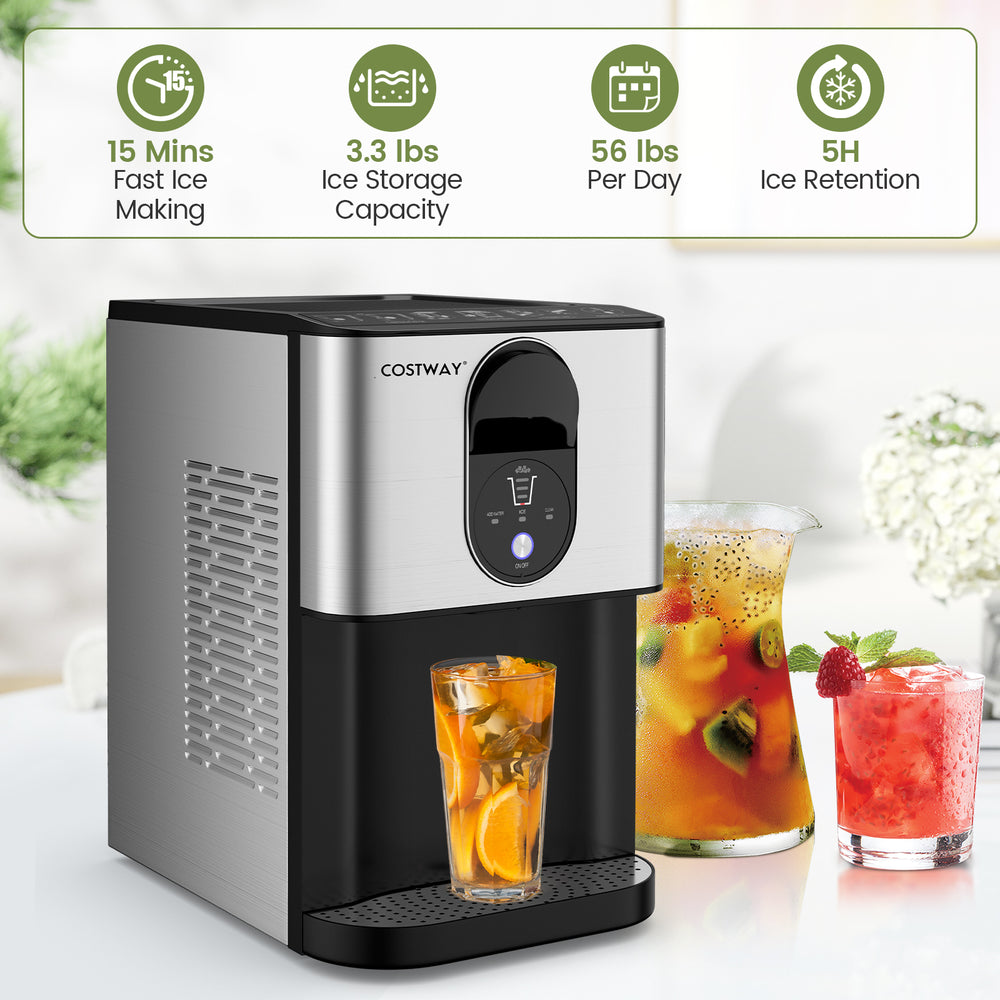 Self-dispensing nugget ice maker in silver, producing 56 lbs of chewable ice daily, perfect for refreshing drinks.