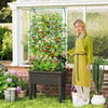 Self-watering raised garden bed with climbing trellis in black, ideal for growing flowers and vegetables, shown in a.
