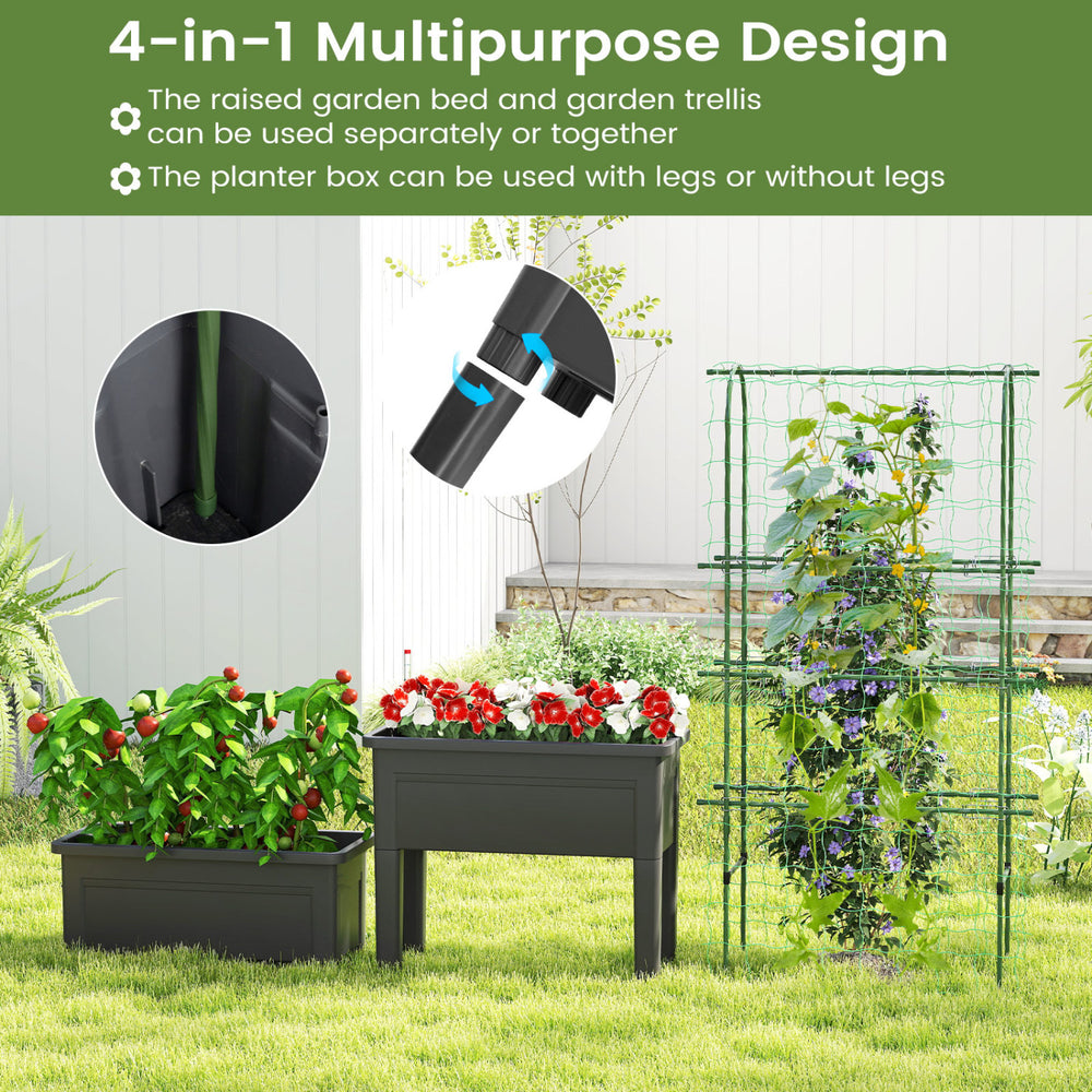 Self-watering raised garden bed with climbing trellis in black, ideal for flowers and vegetables, featuring ergonomic.