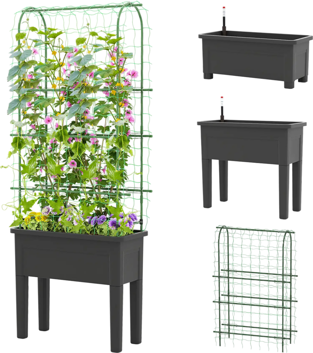 Self-watering raised garden bed in black with climbing trellis, ideal for flowers and vegetables, featuring ergonomic.